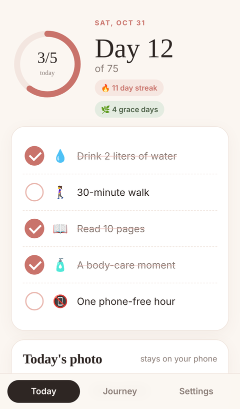 Today screen with the five daily habits